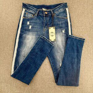 NEW! Tempo Paris Distressed Skinny Jeans Glitter Stripe Small Low Rise